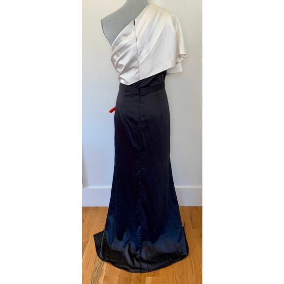 Mac Duggal Ieena One Shoulder Gown Maxi in White/Black Size 10 Satin Side Slit - Picture 3 of 8